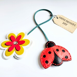 Flower bag charm, Lady bug, Cute bag charm, Leather purse charm, Miraculous ladybug, Leather keychains, Lucky ladybug, Fun keychain,