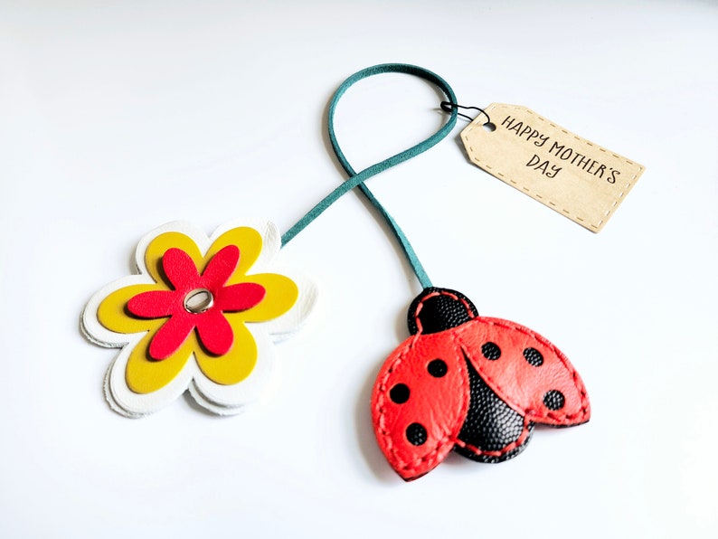 Flower bag charm, Lady bug, Cute bag charm, Leather purse charm, Miraculous ladybug, Leather keychains, Lucky ladybug, Fun keychain,