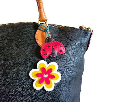 Flower bag charm, Lady bug, Cute bag charm, Leather purse charm, Miraculous ladybug, Leather keychains, Lucky ladybug, Fun keychain,