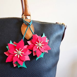 Red poinsettia ornament, Flower bag charm, Bag leather charm, Leather handbag charm, Holiday purse charm, Christmas bag charm