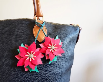 Red poinsettia ornament, Flower bag charm, Bag leather charm, Leather handbag charm, Holiday purse charm, Christmas bag charm