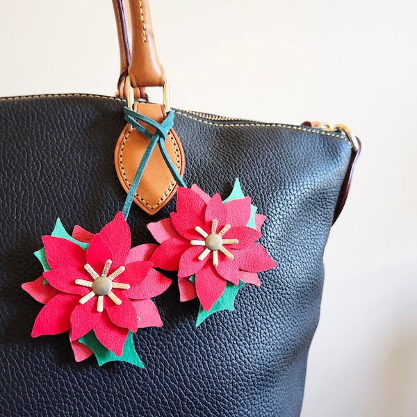 Red poinsettia ornament, Flower bag charm, Bag leather charm, Leather handbag charm, Holiday purse charm, Christmas bag charm