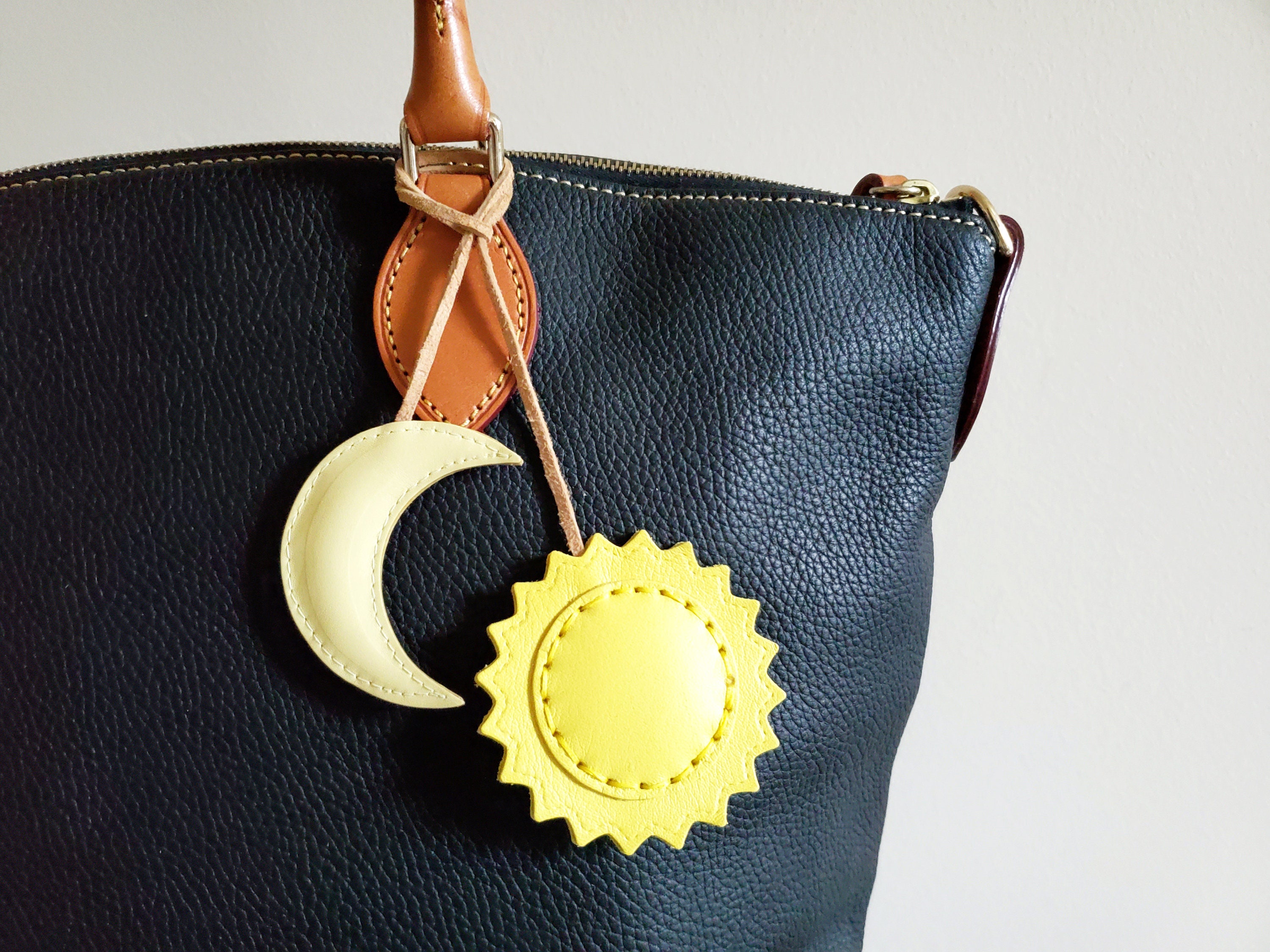 Sun and Moon Bag Charm, Leather Handbag Charm, Moon Motifs