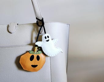 Halloween gift leather handbag charm, Ghost and Jack o'Lantern purse charm, Autumn car mirror charm, Spooky Fall décor