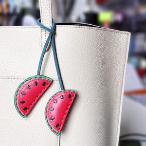 Watermelon slice bag charm Fun bag accessory Fruit leather purse charm Kawai summer key fob Sweet gift for her