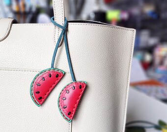 Watermelon slice bag charm Fun bag accessory Fruit leather purse charm Kawai summer key fob Sweet gift for her