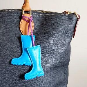 Rain Boots handbag charm, Cute fall keychain, Tie on leather bag charm, Fall purse charm, Autumn keychains