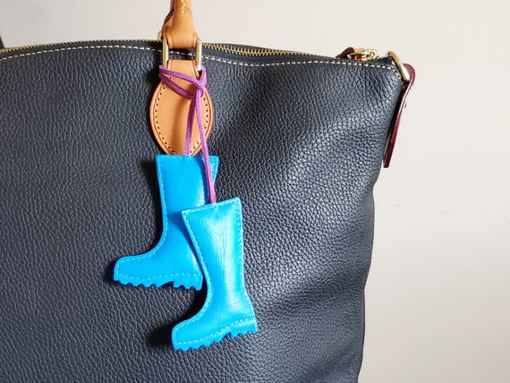 Rain Boots handbag charm, Cute fall keychain, Tie on leather bag charm, Fall purse charm, Autumn keychains