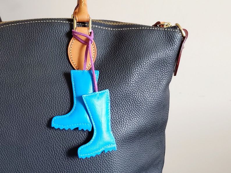 Rain Boots handbag charm, Cute fall keychain, Tie on leather bag charm, Fall purse charm, Autumn keychains