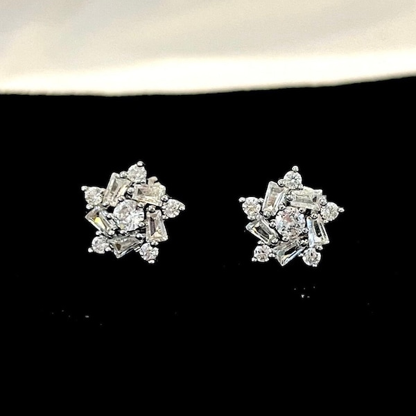 Platinum Plated CZ star cluster stud earring, bling sterling 925 cz stud earrings, diamond accent studs,  bridal party studs gift for her