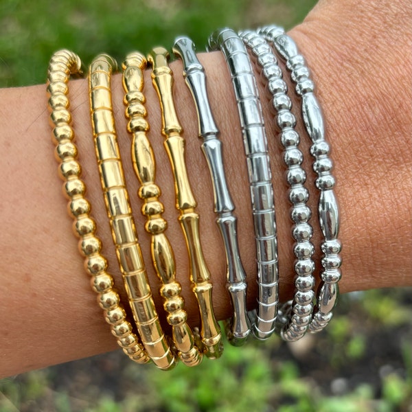 Stacked 18k Gold White Gold 4mm ribbed bead bangle bracelet multi style bangles hinged bangles stack gold silver waterproof bracelet gift