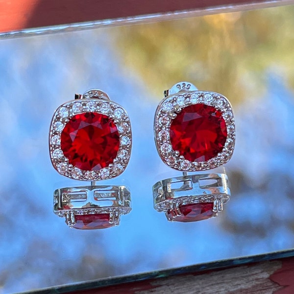 Platinum Plated Ruby red  and white cubic zirconia Halo Stud Earrings, solitaire red cz 925 sterling wedding studs, Red cz halo earring gift