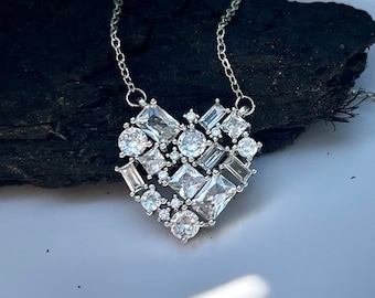 Lg Cubic Zirconia Silver cluster Heart Pendant Necklace, platinum plated Diamond cz heart love pendant, statement heart layerd necklace gift