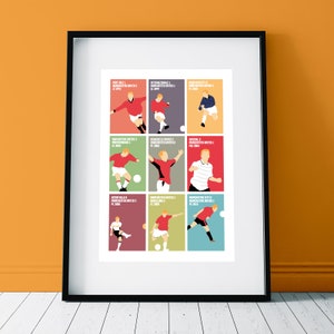 May include: A colorful poster with a grid of nine squares, each featuring a silhouette of a soccer player in a red and white uniform. The text on the poster lists the teams and years of Manchester United's victories.