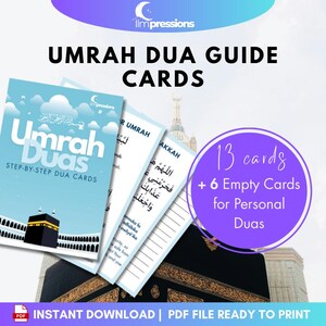 Puede incluir: Un conjunto de tarjetas de guía Umrah Dua con el texto "Umrah Duas" y "Step-by-Step Dua Cards". Las tarjetas incluyen texto árabe y están acompañadas de un círculo púrpura con el texto "13 tarjetas + 6 Tarjetas Vacías para Duas Personales".