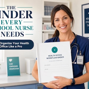 Puede incluir: Una carpeta blanca titulada Health Office Workflow Binder con un icono de cruz médica verde. La portada incluye líneas en blanco para información escolar. El texto dice The Binder Every School Nurse Needs y Organize Your Health Office Like a Pro.