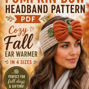 May include: A crochet ear warmer headband featuring a textured beige band and a large orange pumpkin-shaped bow with a small green stem and leaf. The image includes text: Crochet PUMPKIN BOW HEADBAND PATTERN PDF, Cozy Fall EAR WARMER IN 4 SIZES, PERFECT FOR fall days & GIFTING!, EASY TO MAKE • BEAUTIFUL TO WEAR.