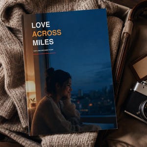 Könnte beinhalten: Ein rechteckiges Buch mit dunkelblauem Einband, das den weißen und orangefarbenen Text LOVE ACROSS MILES sowie den Untertitel OUR LONG-DISTANCE STORY zeigt. Das Titelbild zeigt eine Person, die in der Dämmerung aus einem Fenster blickt.
