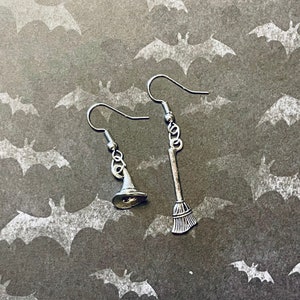 Mismatched Witch Hat and Broom Earrings: Halloween Jewelry