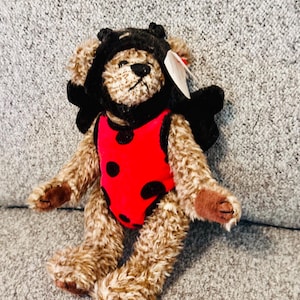 May include: A brown, curly-furred teddy bear wearing a black hood with antennae and a red ladybug-patterned bodysuit with black spots. The bear has black wings attached to the back and a white tag attached to the ear, featuring a black nose and eyes.