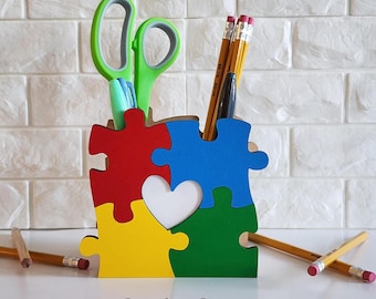 Autism Puzzle Pencil Holder, Handmade Teacher Gift