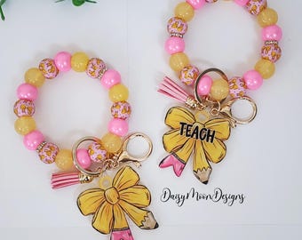 Teacher Beaded Wristlet Keychain: Acrylic Pencil Bow, Silicone Beads