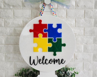 Autism Awareness Classroom Door Sign, Puzzle Piece Welcome Decor