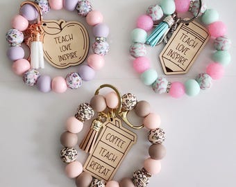 Teacher Beaded Wristlet Keychain: Laser Cut Pendant, Silicone Beads