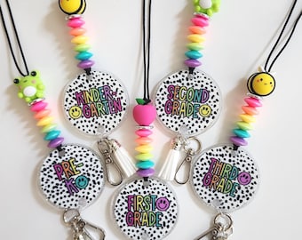 Grade Level Teacher Lanyard: Silicone Beads, Acrylic Badge, Tassel