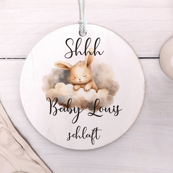 Türschild, Shhh... Hasi schläft, personalisiert mit Babyname und niedlichen Häschen Motiven, Shabby chic Look