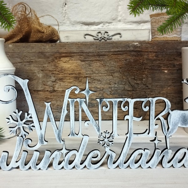 Holz-Schriftzug "Winter Wunderland" mit Shabby Chic Lasur - Einzigartige Winterdekoration