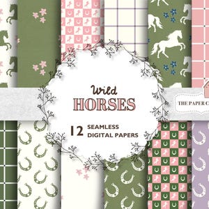 Wilde Pferde & Blumen Western Musterdesign Digitale Papiere, Wilder Westen, Hufeisen, Schachbrett Kommerzielle Nutzung Digitales Papier