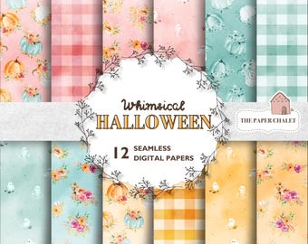 Whimsical Halloween Textured Seamless Pattern Digital Papers, Pumpkins and Flowers, Cute Ghosts, Commercial Use Digital Paper