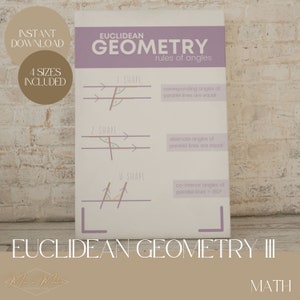 Puede incluir: Un póster imprimible morado y blanco con el título "Geometría Euclidiana: Reglas de los ángulos". El póster muestra tres formas geométricas diferentes: forma de F, forma de Z y forma de U. Cada forma ilustra una regla de ángulo diferente para las líneas paralelas.
