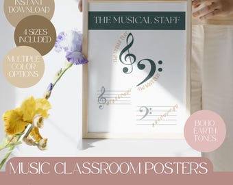 Music Classroom Poster Printable Musical Staff Music Theory Wall Art Boho, Pastel, Blue Green Decor for Middle School & High School Teachers