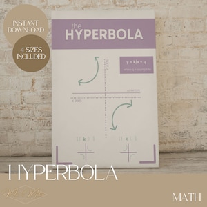 May include: A printable maths poster with the title "The Hyperbola" and a graph showing the shape of a hyperbola. The poster also includes the equation for a hyperbola, y = k/x + q, where q is the asymptote. The poster is in a light purple colour with green accents.