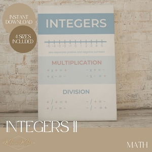 May include: A printable educational poster titled "Integers" with a number line, multiplication and division rules for positive and negative numbers. The poster is in shades of blue and pink with the text "Integers II" at the bottom.