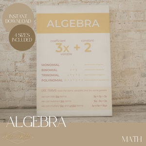 Puede incluir: Un póster imprimible beige y marrón con la palabra "ÁLGEBRA" en letras blancas grandes. El póster incluye definiciones de términos algebraicos como monomio, binomio, trinomio y polinomio. También incluye ejemplos de cómo sumar, restar y multiplicar términos semejantes.