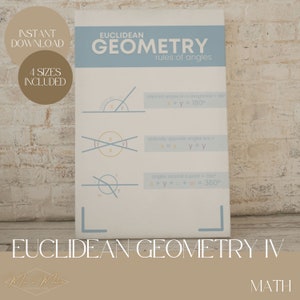 May include: A blue and white printable poster with the title "Euclidean Geometry: Rules of Angles". The poster features three diagrams illustrating the rules of angles in geometry. The diagrams are labeled with letters and equations.