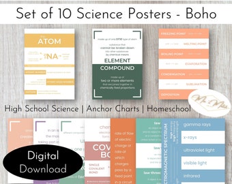 Carteles del aula de ciencias Conjunto de 10 impresiones boho neutrales Paquete de decoración de clase de ciencias Cartel educativo Educación en el hogar Ciencia de la escuela secundaria imprimible