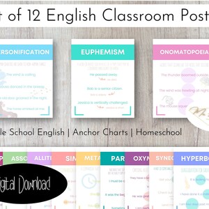 Figures of Speech English Classroom Decor Bundle Figurative Language Set of 12 prints for English teachers ELA ELS Gift Homeschool Printable