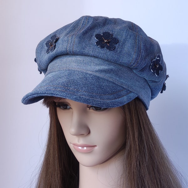 Upcycled Denim Newsboy Hat Blue Denim Newsboy Hat Womens Baker Boy Cap Lined Bakerboy Hat With Cute Flowers Gift for her