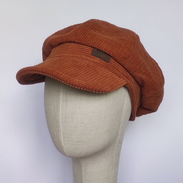 Unisex Brick Orange Corduroy Newsboy Cap Velvet Bakerboy Hat Spring Fall Winter Lined Hat Upcycled Velvet Newsboy Cap for Women Holiday Gift