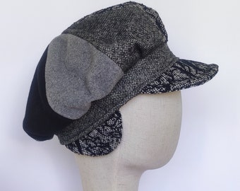 Patchwork Newsboy Cap Women Lined Winter Hat Ear Flaps Cap Womens Wool Baker Boy Hat Oversized Grey Bakerboy Cap