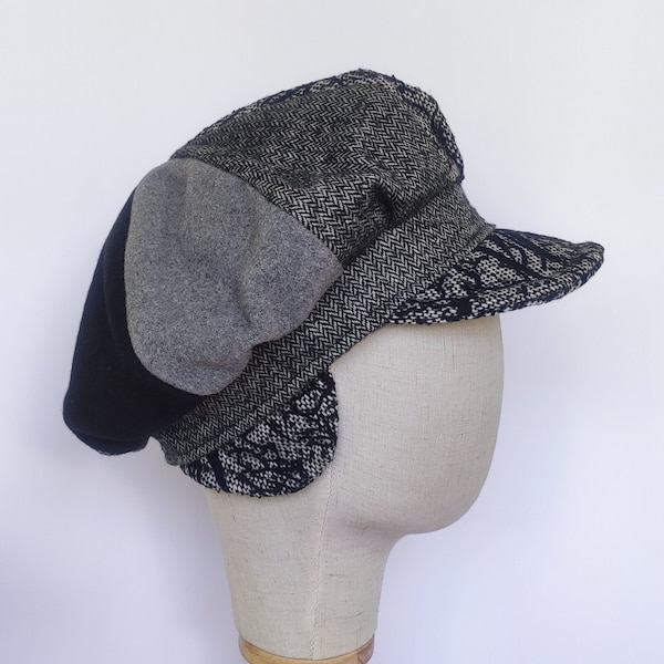 Patchwork Newsboy Cap Women Lined Winter Hat Ear Flaps Cap Womens Wool Baker Boy Hat Oversized Grey Bakerboy Cap