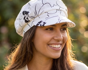 Chapeau gavroche en lin pour femme Chapeau d'été Beachy Vibes Chapeau Bakerboy floral respirant élégant Chapeau bohème chic classique Casquette vintage de protection solaire
