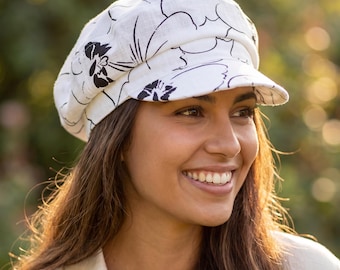 Chapeau gavroche en lin pour femme Chapeau d'été Beachy Vibes Chapeau Bakerboy floral respirant élégant Chapeau bohème chic classique Casquette vintage de protection solaire