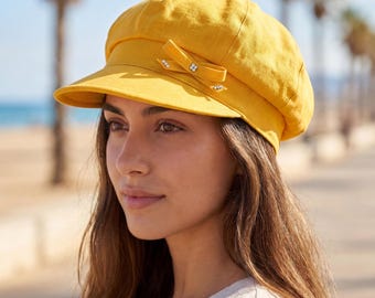 Linen Newsboy Cap: Women's Baker Boy Hat with Bow