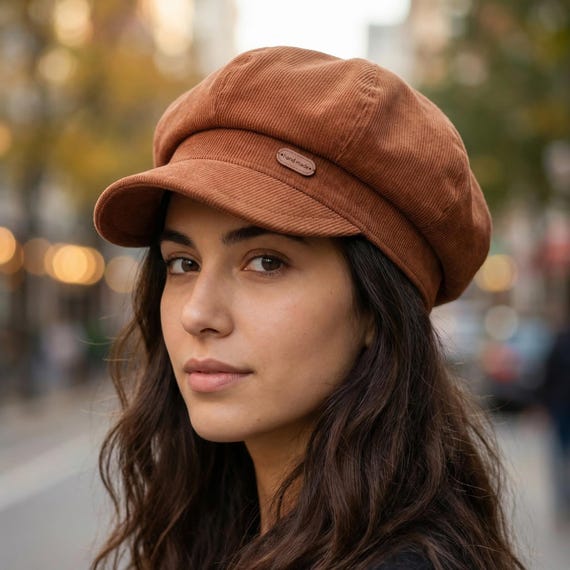 Unisex Brick Orange Corduroy Newsboy Cap Velvet Lined Bakerboy Hat