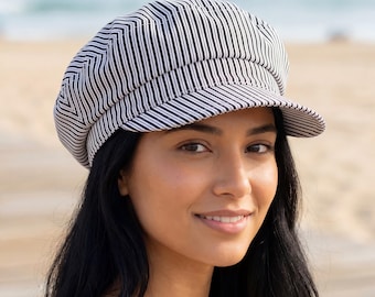 Casquette gavroche à rayures : Chapeau Bakerboy en coton noir et blanc
